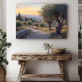 Painting of a Provence olive grove with a stone path at golden sunset