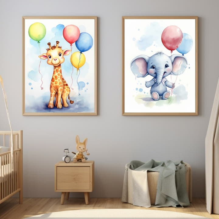 Baby giraffe and baby elephant holding bright balloons in soft watercolour