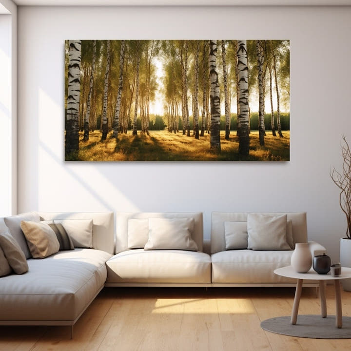 Panoramic summer birch wood backlit at sunset over golden grass