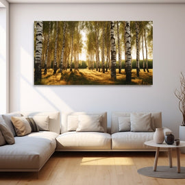 Panoramic summer birch wood backlit at sunset over golden grass