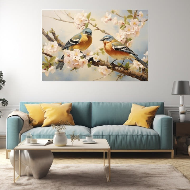 Painting of two blue and apricot birds on a pink cherry blossom branch