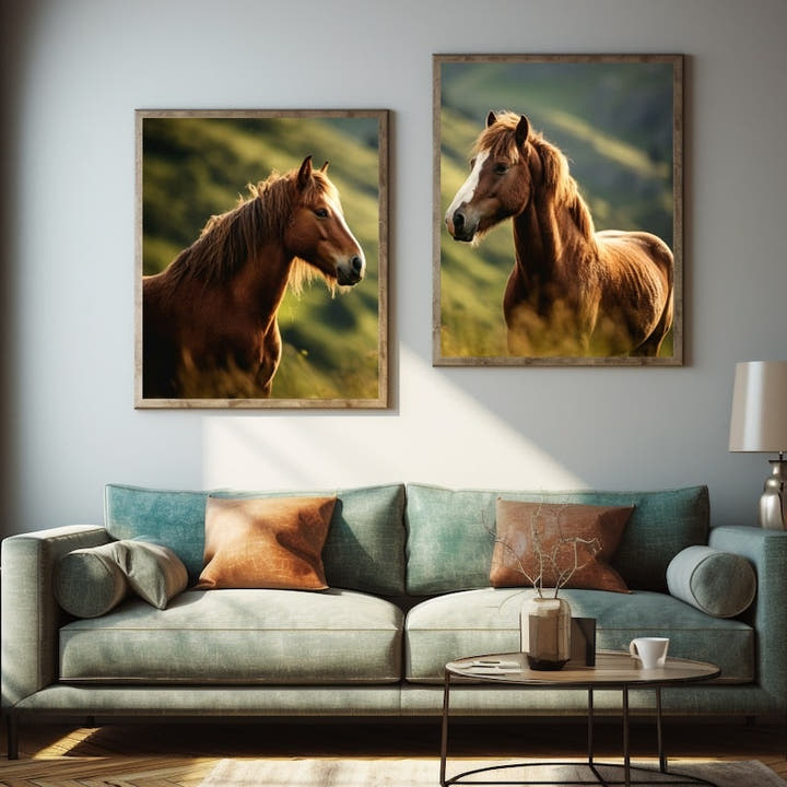 Two chestnut horses in close portraits on sunlit green hillsides