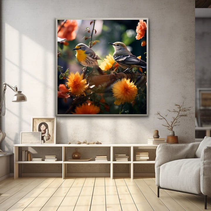 Painting of two grey and yellow songbirds among orange chrysanthemum blooms in golden light