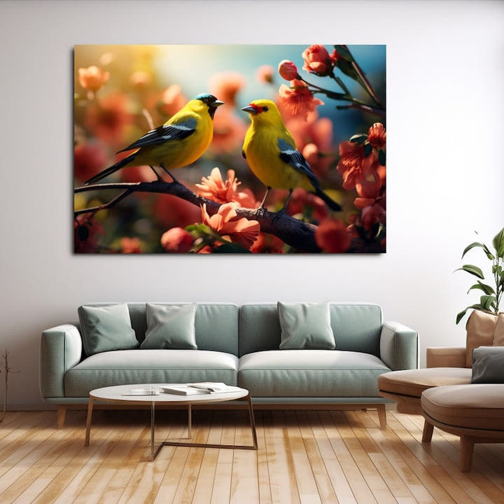 Two yellow songbirds perched among coral blossom in warm sunlight