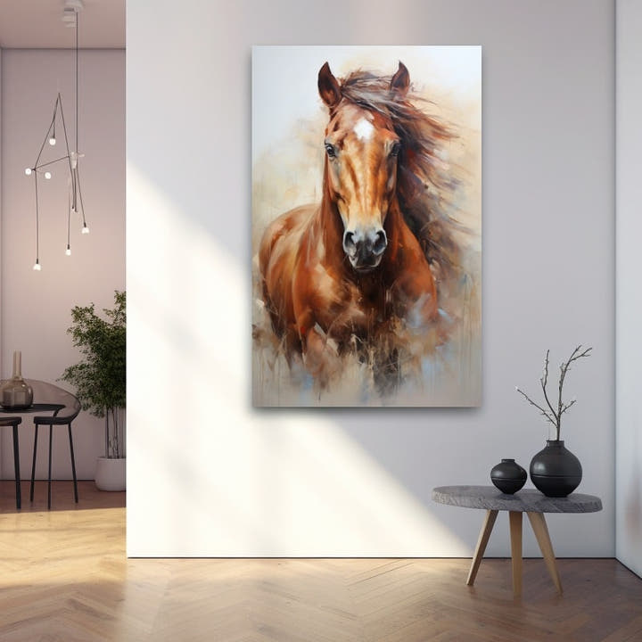 Chestnut horse mid-gallop in expressive oil painting style