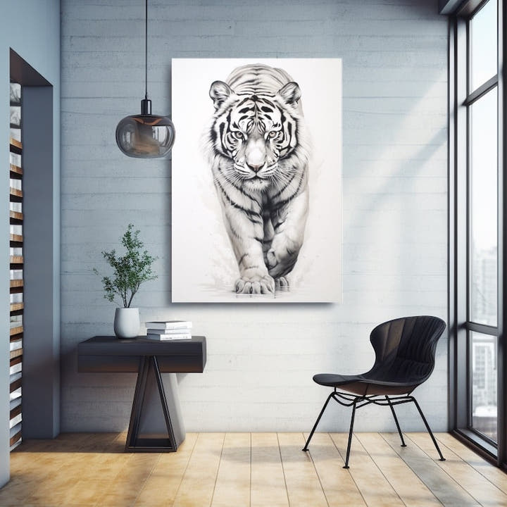 Greyscale pencil drawing of a tiger walking forward