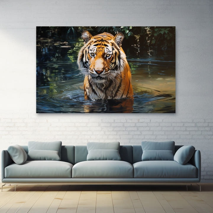 Painted tiger standing in a still reflective jungle pool