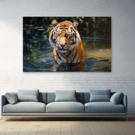 Painted tiger standing in a still reflective jungle pool