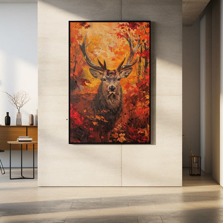 Red deer oil painting surrounded by blazing crimson and gold autumn leaves