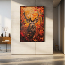 Red deer oil painting surrounded by blazing crimson and gold autumn leaves