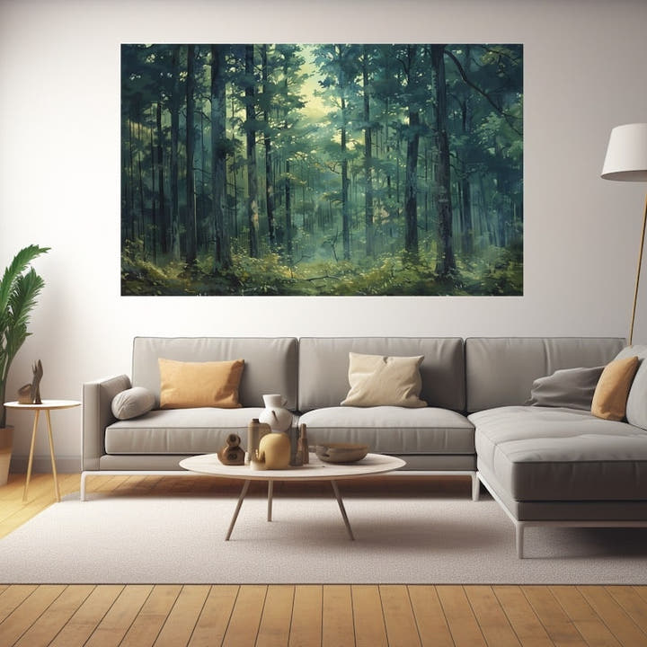 Painterly forest scene in deep teal and green with golden light through misty trees