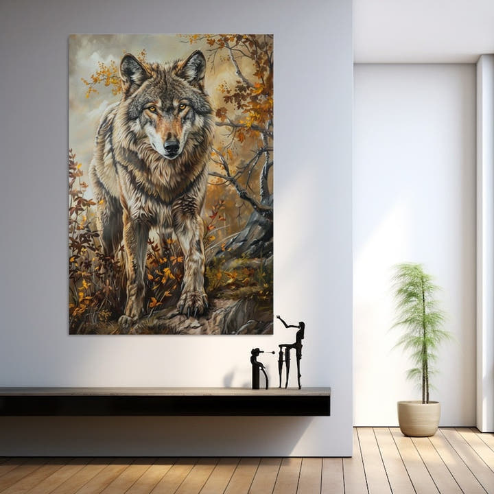 Grey wolf striding through golden autumn woodland with amber leaves and grey rock