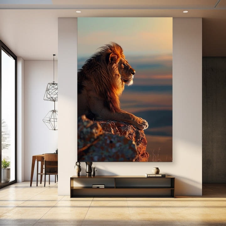 Lion resting in profile on a rocky outcrop at sunset, mane glowing in golden light