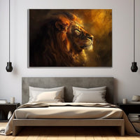 Thumbnail for Profile portrait of a lion with a fiery amber mane against a dark background