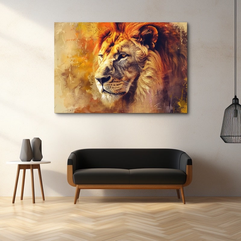 Three-quarter portrait of a lion in warm ochre and honey tones