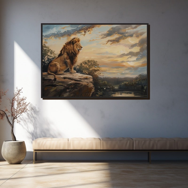 Lion seated on a rocky outcrop overlooking a savanna at sunset