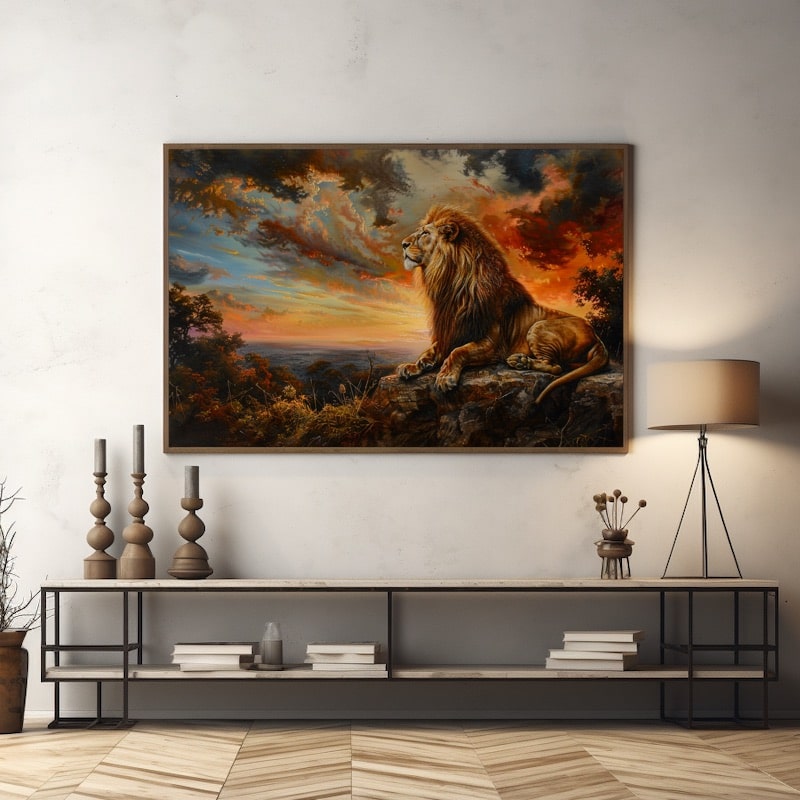 Lion reclining on a rock against a fiery sunset sky over a valley