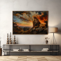 Thumbnail for Lion reclining on a rock against a fiery sunset sky over a valley